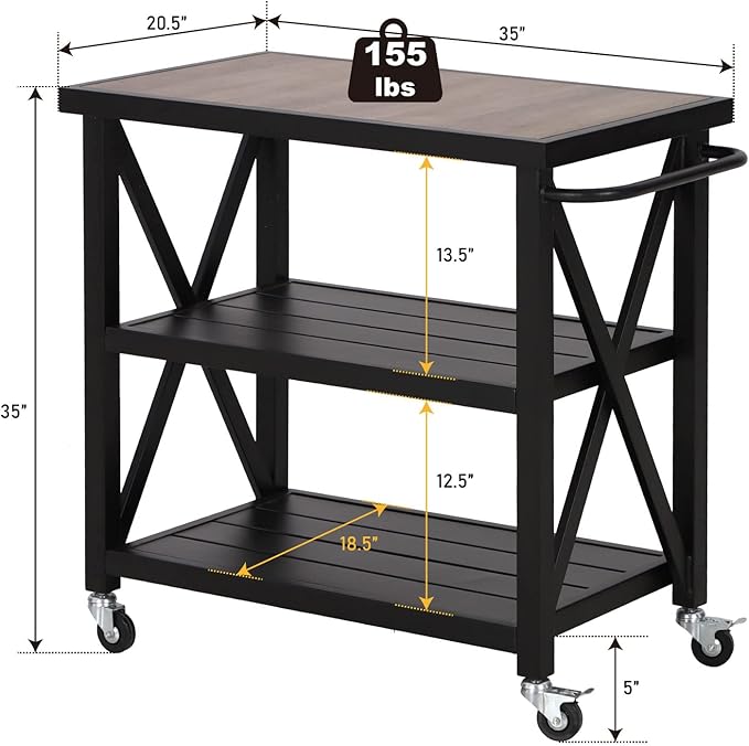 PHI VILLA Outdoor Grill Table, Elegant Grill Cart with Ceramic Wood Grain Table Top, Serving Cart with Shelves, Patio Grilling Backyard BBQ Grill Cart, Black