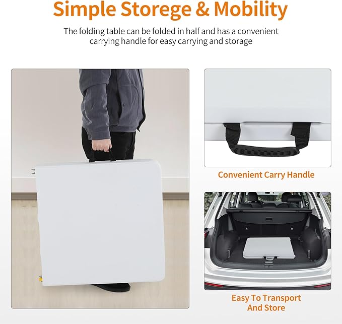 BestOffice Camping Folding 4 Foot Plastic Table, White