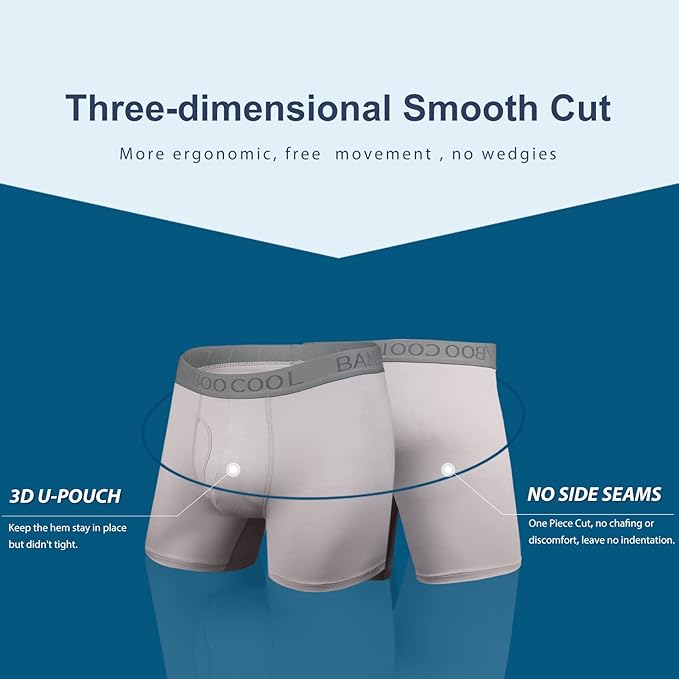 BAMBOO COOL Men's Underwear Boxer Briefs Fly with Built-in 3D Pouch Comfortable Cool Underwear for Men 4 Pack