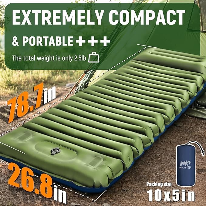 Camping Sleeping Pad, Ultralight Camping Pad with Pillow Built-in Foot Pump Inflatable Sleeping Mat Compact for Camping Backpacking Hiking Traveling