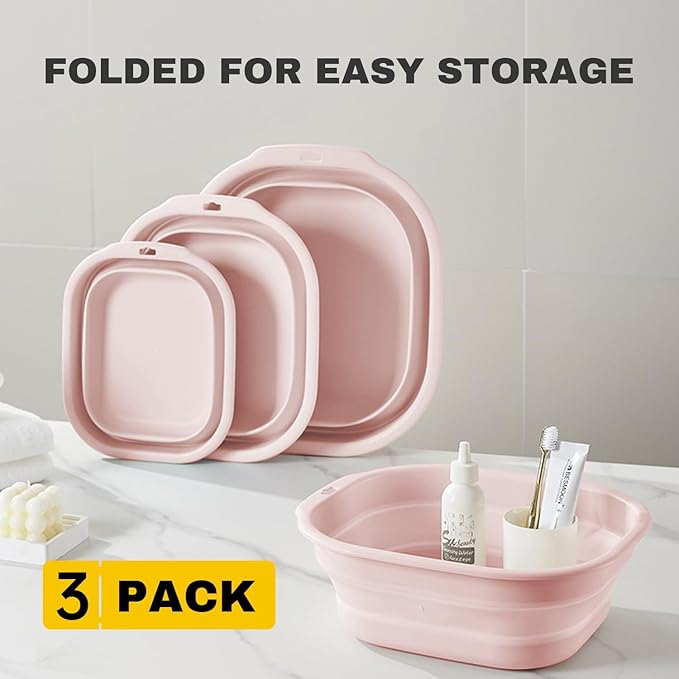 Collapsible Wash Basin Set of 3, Foldable Large Medium Small Wash Basins, Portable Plastic Basins for Laundry, Bottles, Travel, Camping (Pink)