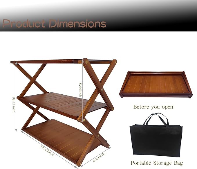 Foldable Bamboo Shelf, Folding Shoe Rack, Flower Rack, Camping Rack, No Installation Required, Portable, Space Saving, Multi-Purpose Storage Rack (Walnut,3 Tiers)