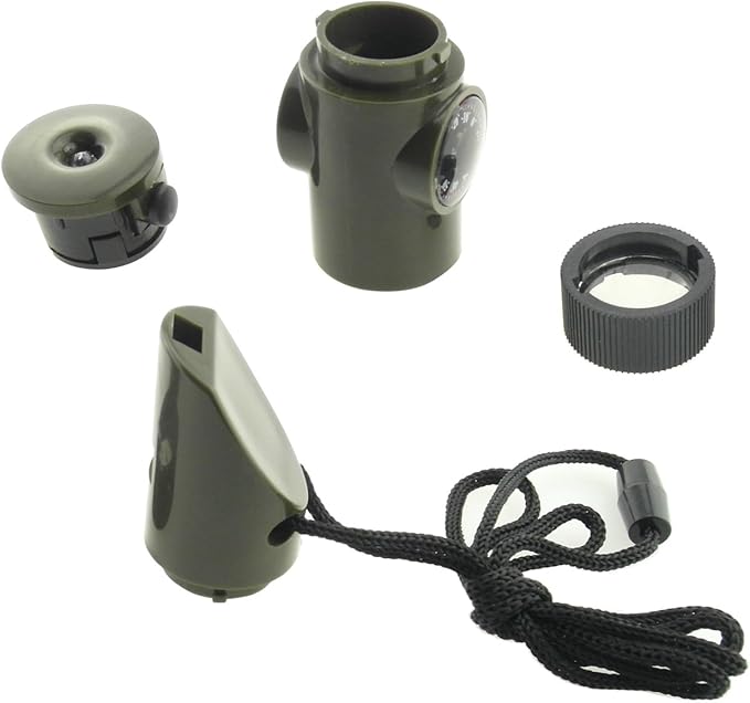 TRENDBOX Multifunctional 7 in 1 Camping Hiking Outdoor Whistle with Compass Magnifier LED Flashlight Thermometer for Emergency Survival Traveling