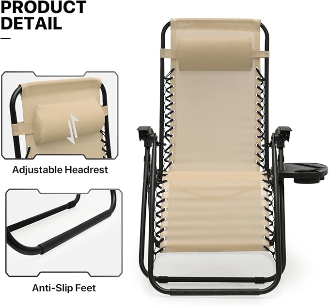 MoNiBloom 3 Pieces Cozy Lounge Chairs Table Set for Outside, Adjustable Folding Zero Gravity Recliners for Patio Beach Pool Yard Camping, 330lbs Capacity - Cream