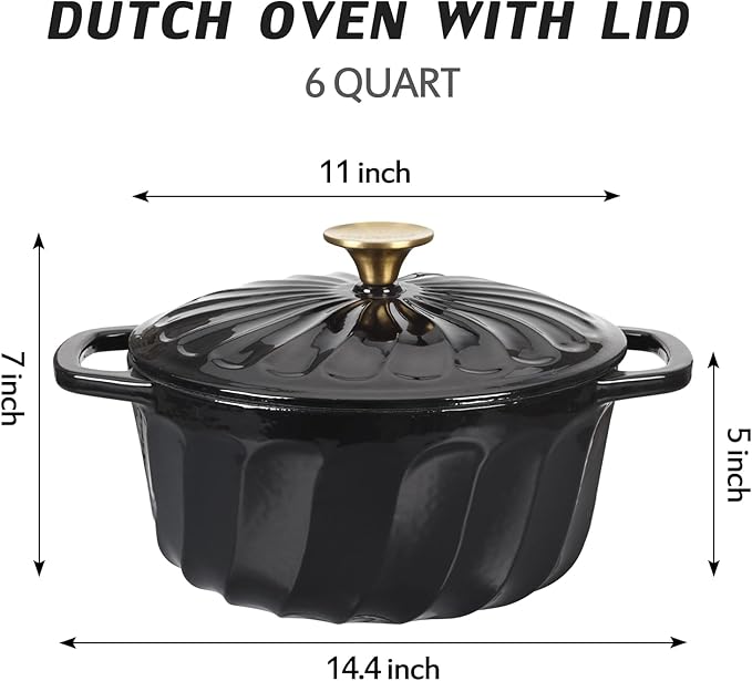 Enameled Cast Iron Dutch Oven with Lid, 6 QT Cast Iron Dutch Oven Pot, Dual Handles for Bread Baking, Cook, Bake, Oven Safe across All Cooktops (Black,6 QT)