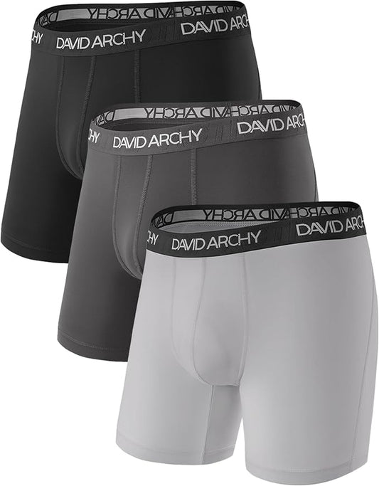 DAVID ARCHY Mens Performance Boxer Briefs 3 Pack, 3D Support Pouch & No Ride-Up Design Moisture-Wicking Sport Underwear