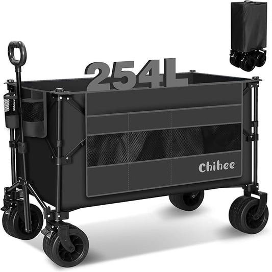 Chihee Garden Cart Collapsible Outdoor Utility Wagon Cart,Folding Beach Cart Oversized Capacity 254L,Heavy Duty Portable Wagon All Terrain Wheels Oversized Side Pocket 2 Drink Holders for Camping