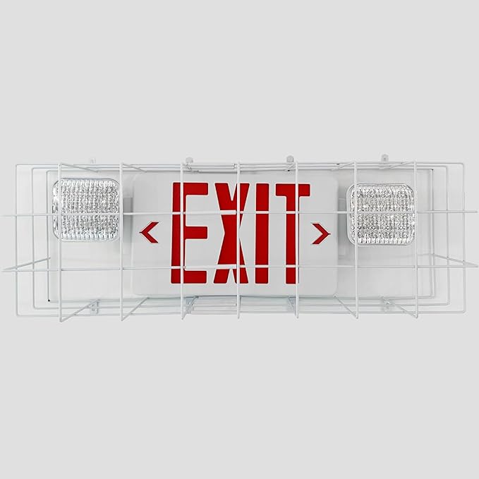 TANLUX Exit Sign Combo with Steel Cage, Square Light Head, Wall Mounted Emergency Exit Light with Protective Wire Guard, Red Exit Sign with Emergency Lights