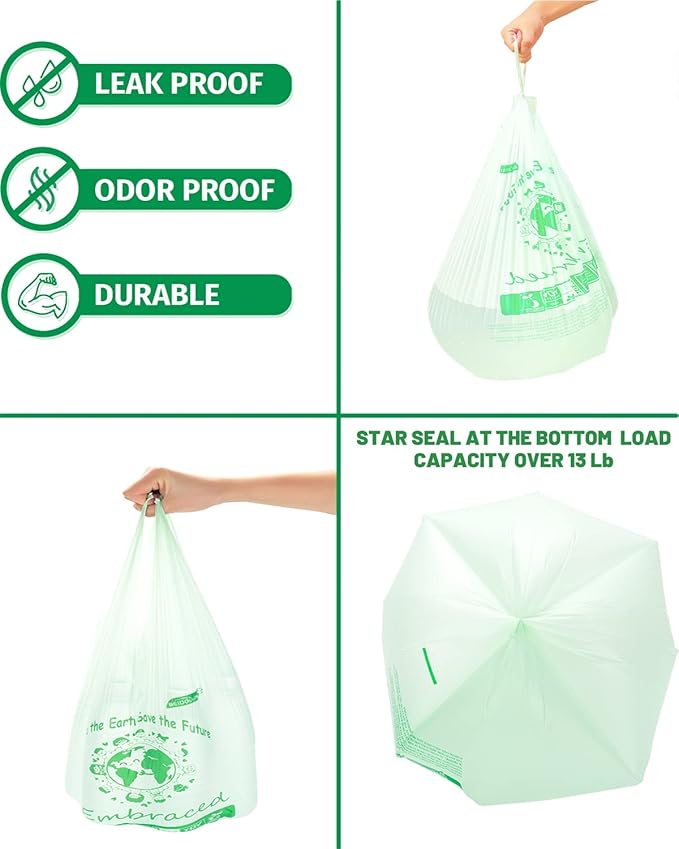 100% Compostable Trash Bags, 3 Gallon Compost Bags Small Kitchen Trash Bags with Handle, 100 Count Sturdy Biodegradable Garbage Bags Food Scrap Waste Bags, ASTM D6400, US BPI Certified