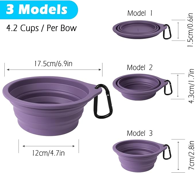 PetBonus 2-Pack Large Silicone Collapsible Dog Bowls, 34oz/1000ml BPA Free Portable Foldable Travel Bowl for Pet Cat, Food Water Feeding Dish for Camping with 2 Carabiners (Black, Dark Purple)
