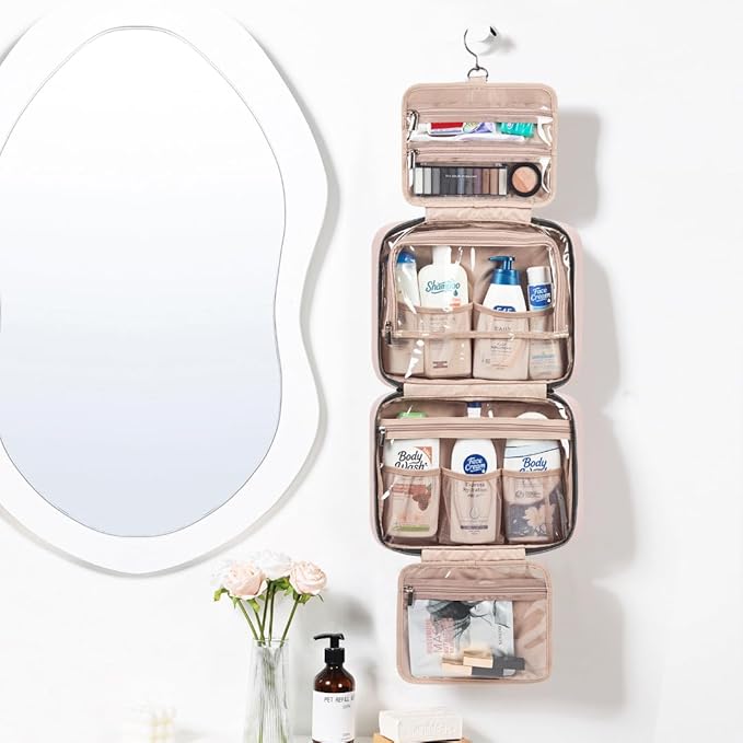 NISHEL Travel Toiletry Bag for women, Portable Hanging Organizer for Family-Sized Shampoo, Conditioner, Brushes Set, Makeup Accessories, Extra Large Size, Pink