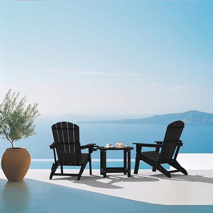 Folding Adirondack Chair Set of 4, Cup Holder，Wooden Textured ，Heavy All-Weather HDPE Comfortable Set Poolside Backyard Lawn Black