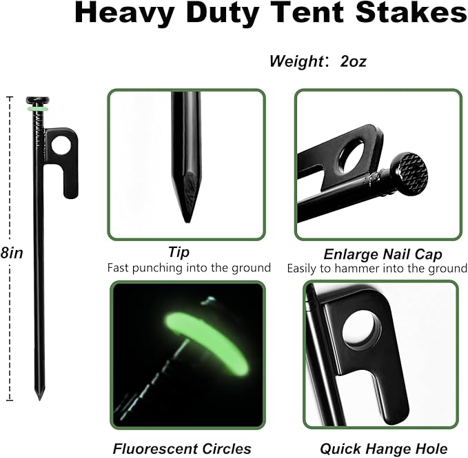 16Pcs Tent Stakes, 8in Heavy Duty Tent Stakes with Storage Pouch, Forged Steel Tent Sakes Metal, Metal Stakes for Tent Used on Grassland, Snowfield, Dessert(16Pcs, 8in, Diameter 1/4")