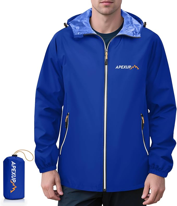 APEXUP Packable Rain Jacket Men with Reflective Zipper, Lightweight Waterproof Raincoat, Mens Rain Jacket for Outdoor Sports