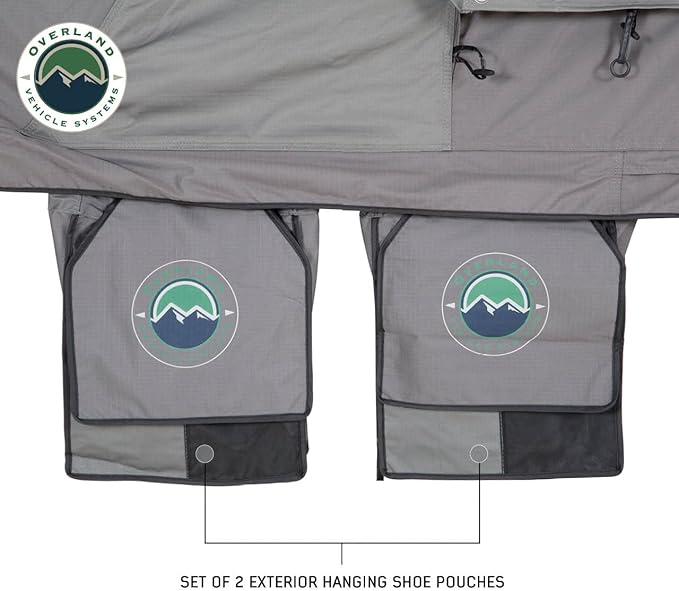 Overland Vehicle Systems HD Nomadic 4 Extended Soft Shell Roof Top Tent - Dark Gray Base with Green Rain Fly & Black 1000G PVC Travel Cover - Black Aluminum Base