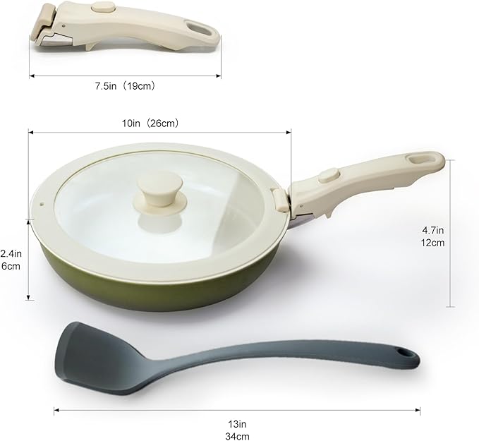 3-ply Stainless Steel Frying Pan with lid,With Titanium Ceramic Coating,Detachable Handle,Dishwasher and Induction&Oven Safe,Compatible All Cooktops,10 inch (10inch+lid+frying spatula+loofah)