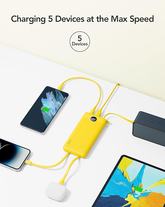 VRURC Portable Charger with Built-in Cables, 10000mAh LED Display USB C Power Bank, Slim Travel Battery Pack with 5 Output 2 Input Compatible with iPhone,Samsung,Android etc-Yellow(1 Pack)