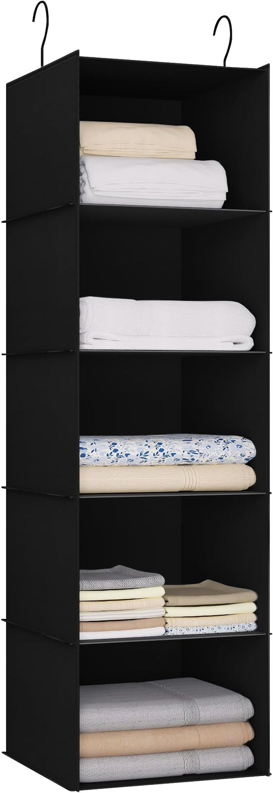 Hanging Closet Organizer and Storage 5-Shelf, Easy Mount Foldable Hanging Closet Wardrobe Shelves, Clothes Handbag Shoes Accessories Storage, Washable Oxford Cloth Fabric, Black