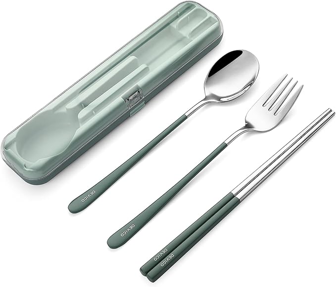 DEVICO Portable Utensils, Travel Reusable Silverware Flatware Set for Lunch, 18/8 Stainless Steel 4-Piece Camping Cutlery Include Fork Spoon Chopsticks with Case (Green)