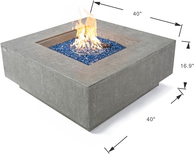 Elementi+ | Bundle Victoria Gas Fire Pit Cast Concrete 40" Square Fire Table, Outdoor Fire Pit Electronic Ignition | Canvas Cover, Fire Glass and Burner Lid Included | Light Gray | Propane Gas