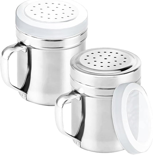 2Pcs Metal Salt Pepper Dredge Shakers, Stainless Steel Pepper Shaker Seasoning Jar With Handle, With Hole And Cover, Suitable For Pepper, Cinnamon And Coffee Spice Jars (Small-6OZ)