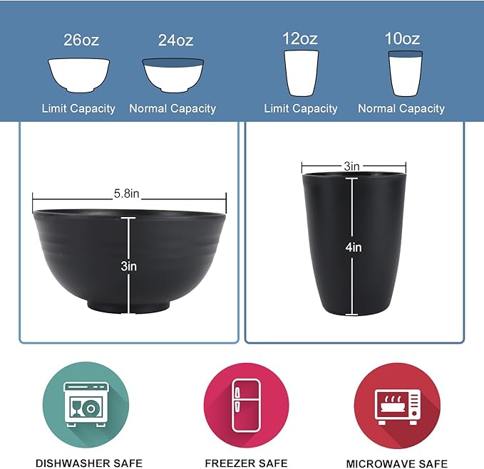 Wheat Straw Dinnerware Set of 40 Pieces - 10" & 9" Plates, 6" Snack Plates, 26oz & 12oz Bowls & Cups - Unbreakable, Microwave & Dishwasher Safe - Black