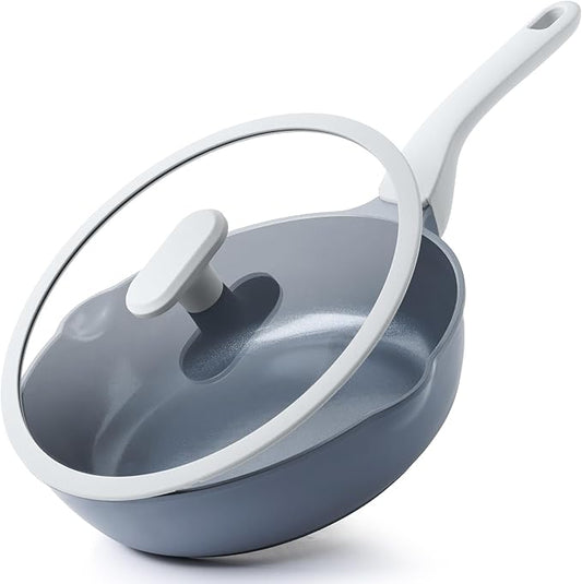 Ceramic Nonstick Deep Saute Pan with Lid, 10 Inch/3.2 QT Non Toxic Pans with Double Pour Spout, Helper Handle and Lid, Metal Utennsil Safe, Dishwasher Safe, (Gray)