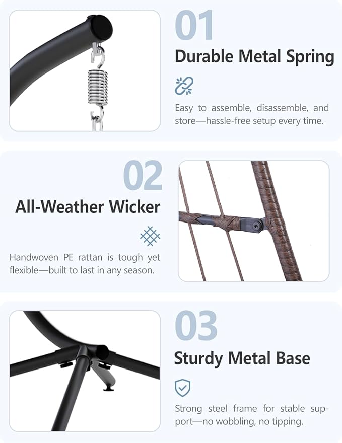 SWITTE Egg Chair Outdoor with Stand, Indoor Wicker Hanging Egg Swing Chair with Cushion, 350lbs Capacity for Patio, Bedroom, Garden - Brown