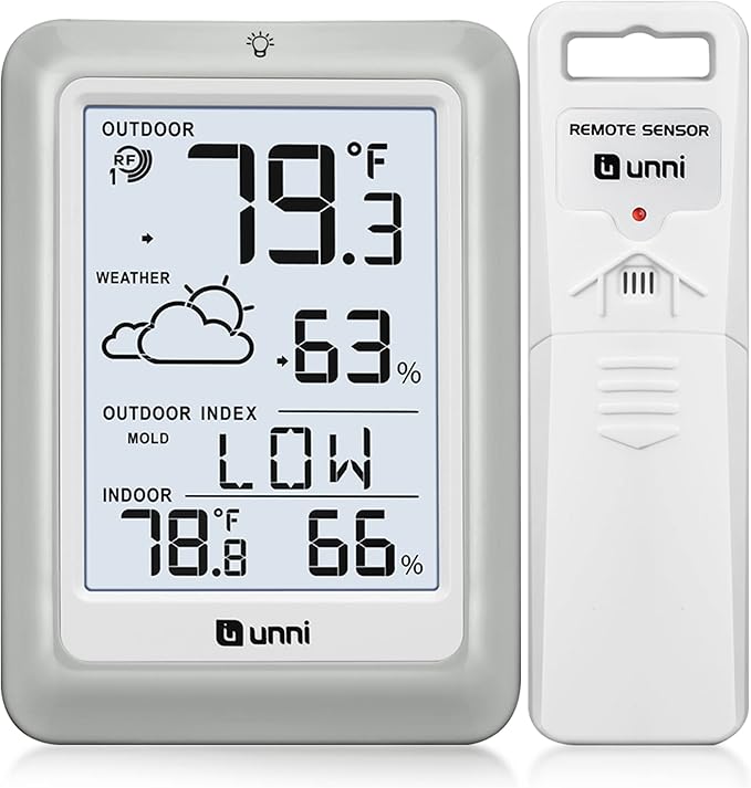 Indoor Outdoor Thermometer Hygrometer Wireless Weather Station, Temperature Humidity Monitor Battery Powered Inside Outside Thermometers with 330ft Range Remote Sensor and Backlight Display