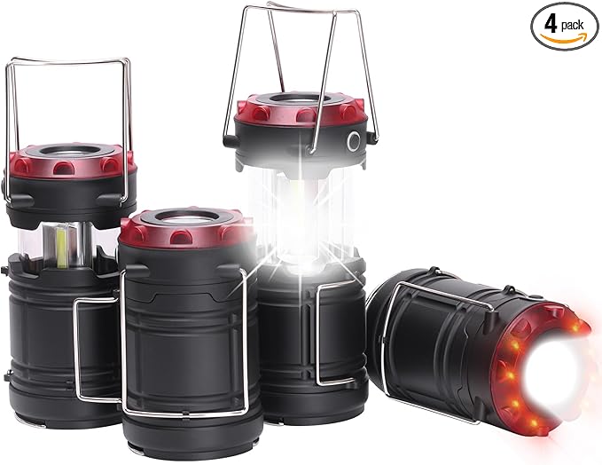 Lichamp 4 Pack Lantern Camping Essentials Lights, Battery Powered Collapsible Lanterns Flashlights with Red Strobe/SOS, Magnetic Base, for Power Outages, Hurricane, Tent Lights for Emergency