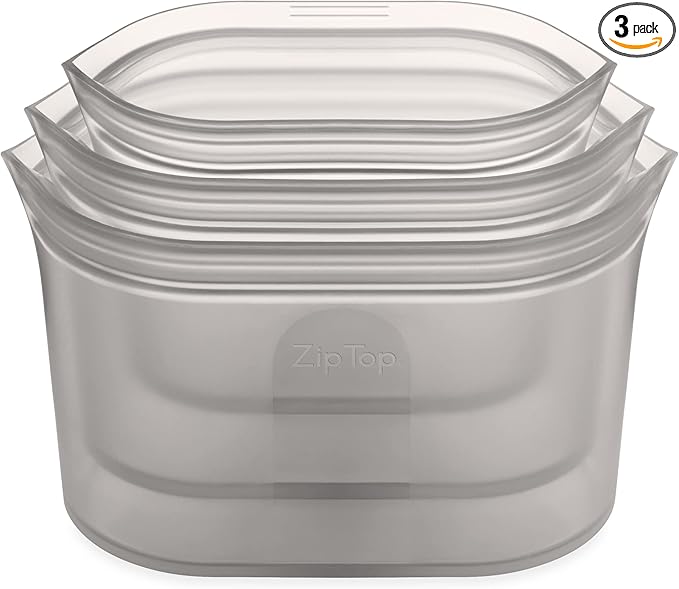 Zip Top Reusable Food Storage Bags | 3 Dish Set [Gray] | Silicone Meal Prep Container | Microwave, Dishwasher and Freezer Safe | Made in the USA