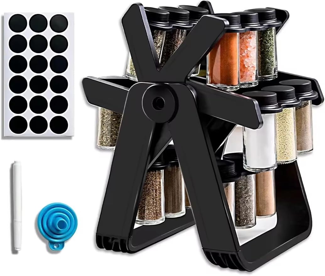 A&K's Rotating Spice Rack Organizer, 18 Glass Jars, 360-Degree Turntable, Black, Comes with Spice Label Stickers, Funnel, and Water Pen. Best for Kitchen Organization, Countertop, Pantry, and Cabinet.