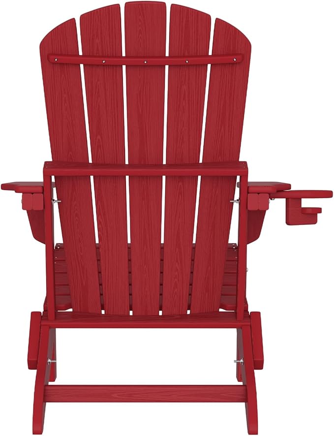 Folding Adirondack Chair Set of 4, SGS Tested, Wooden Textured with Cup Holder, Heavy All-Weather HDPE Comfortable Set Poolside Backyard Lawn,Red