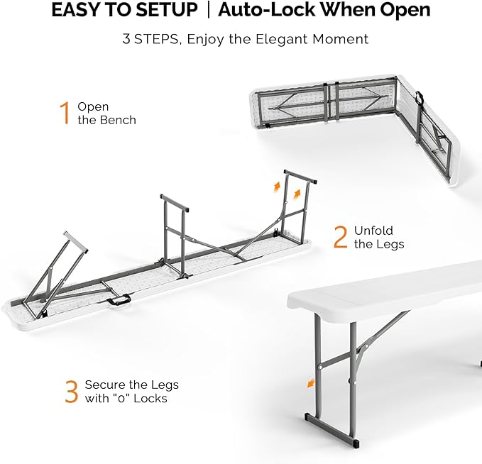 VINGLI 6 feet Plastic Folding Bench,Portable in/Outdoor Picnic Party Camping Dining Seat, Garden Soccer Multipurpose Entertaining Activities, Smooth HDPE Tabletop, 2 Pack, White
