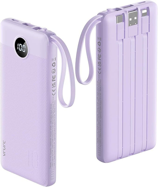VRURC Portable Charger Power Bank, 10000mAh Travel Essentials Battery Pack, 5 Outputs 2 Inputs Slim Charging Bank Built-in Cables Cords Wires Compatible with iPhone,Samsung,Android-Lavender(1 Pack)