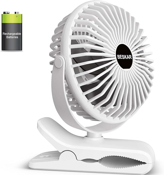 BESKAR Portable Clip on Fan Rechargeable, 4 Speeds Small Battery Operated Fans, USB Desk Fan with Strong Airflow, Sturdy Clamp Fans for Golf Cart Office Outdoor Travel Camping