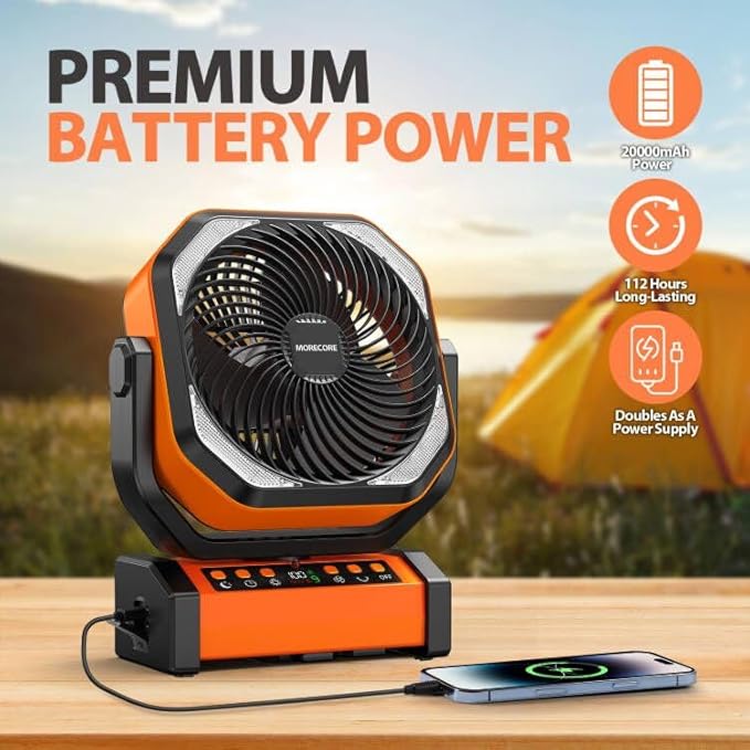 MORECORE 20000mAh Rechargeable Camping Fan with Light, 112HRS Running, 8-Speed, Auto Oscillating, Timer, LED Digital Display, 270°Pivot with Hook for Tent RV Emergency Garage-Orange
