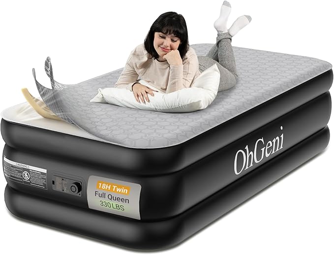 OhGeni 18" Luxury Twin Air Mattress with Built-in Pump, Inflatable Bed with Silk Foam Topper for Superior Comfort, Premium Blow-Up Mattress for Home, Camping & Guests, Easy Setup, Extra Support, Black