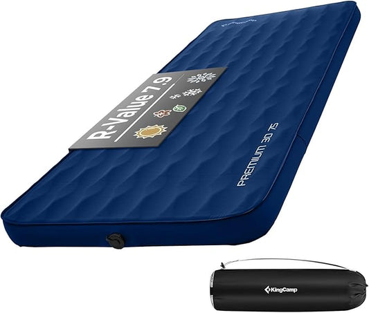 KingCamp Self Inflating Sleeping Pad, R 7.9 Air & Foam Sleeping Pad for Camping, 3" Thick Single Camping Mattress with 3D Sidewalls & Wave Surface Cut for Outdoor Tent Cot Car, PVC Free (Navy)