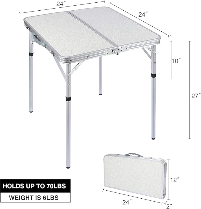 RedSwing Small Square Folding Table 2 Feet Adjustable Height, Lightweight and Portable Aluminum Camping Table for Outdoor Indoor Picnic, 24 in x 24 in x 27 in