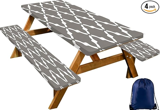 CAPSCEOLL Elastic Picnic Table Cover with Bench Covers 5Ft Waterproof Fitted Picnic Table Cover Cloths for Outdoors Camping Tablecloth with Drawstring Bag, 60X30in, White Grey