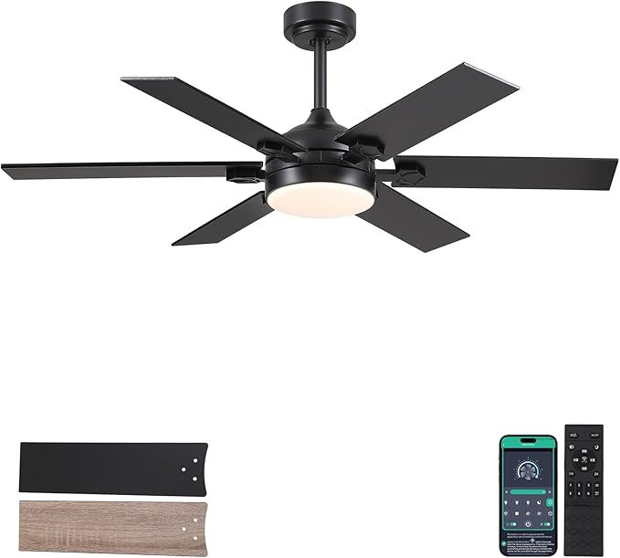 52" Black Ceiling Fans with Lights and Remote, Indoor Ceiling Fans with Quiet DC Motor, Dimmable 6 Speeds Reversible,Modern LED Ceiling Fan for Bedroom Kitchen