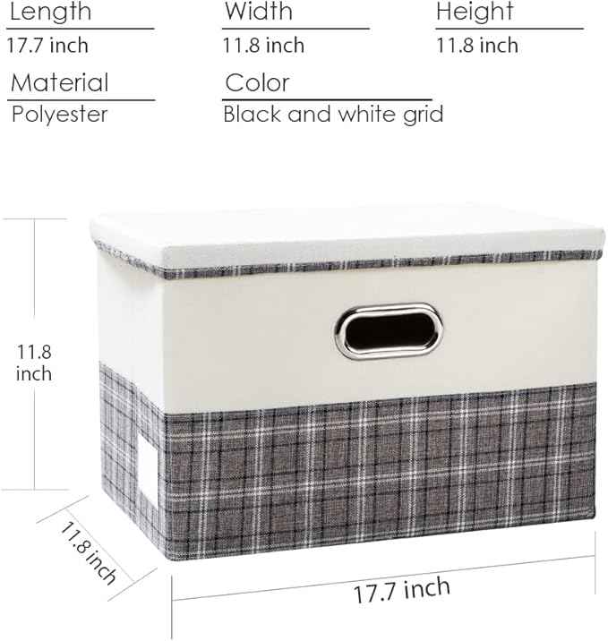 PRANDOM Large Collapsible Storage Bins with Lids [3-Pack] Fabric Foldable Storage Boxes Organizer Containers Baskets Cube with Cover for Home Bedroom Closet Office Gray plaid & Cream(17.7x11.8x11.8)