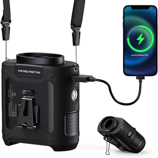 AI Portable Waist Fan Rechargeable 10000mah Belt Shirt Clip On Fan For Body Cooling That Blow Cold Air 5 Speeds Flashlight Up To 40H