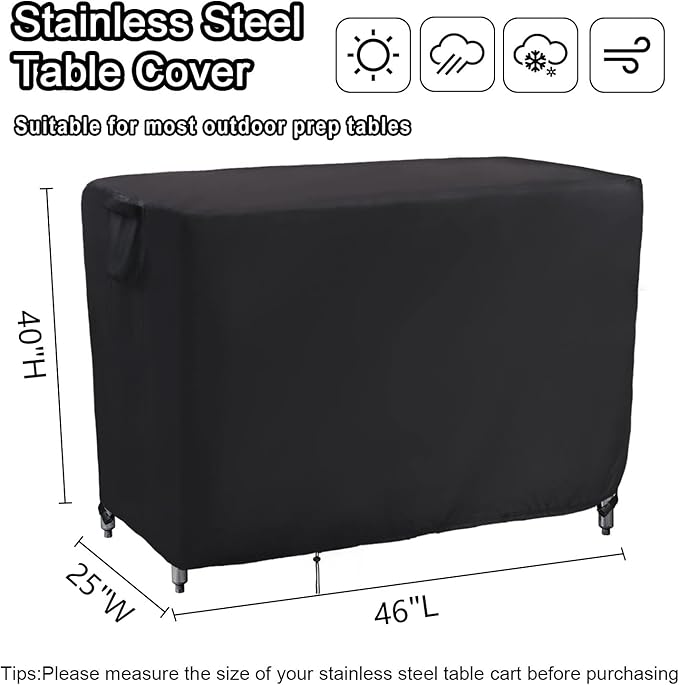 Kingling Grill Cart Cover, Waterproof Outdoor Prep Table Cover 46 Inch Stainless Steel Outdoor Patio Table Covers Rectangular for Metal Prep Cart Protection -46''L x 25''W x 40''H (Black)