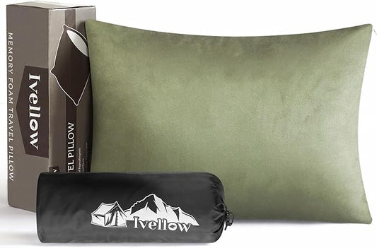 Ivellow Memory Foam Travel Pillow Compressible Camping Pillow for Sleeping Shredded Memory Foam Pillow Compact Firm Supportive Travel Pillow for Adults Kids Outdoor Hiking Essential Gear Green-S