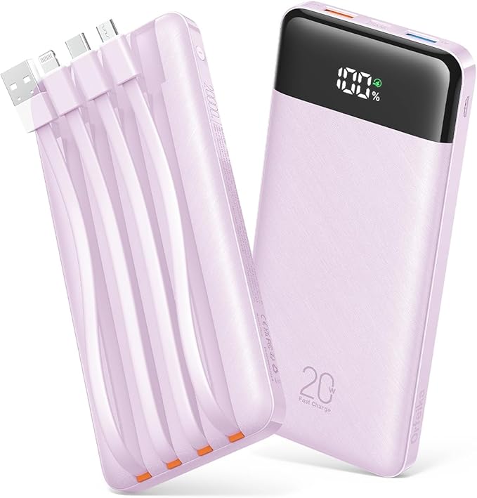 20000mAh Power Bank Fast Charging, Portable Charger with 4 Built-in Cables & 6 Outputs, 20W PD USB C Battery Pack Compatible with iPhone 16/15, Galaxy, Android, iPad & More (Travel Essential)