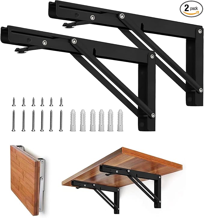 Storystore Folding Shelf Brackets - 8 Inch Heavy Duty Metal Collapsible Shelf Bracket for Bench Table, Shelf Hinge Wall Mounted Space Saving DIY Bracket, Max Load: 150 lb (2 PCS, Black)