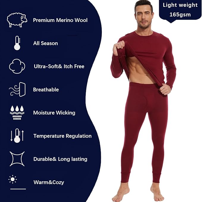 MERINNOVATION Merino Wool Base Layer Set for Men 100% Merino Wool Thermal Underwear Long Sleeve