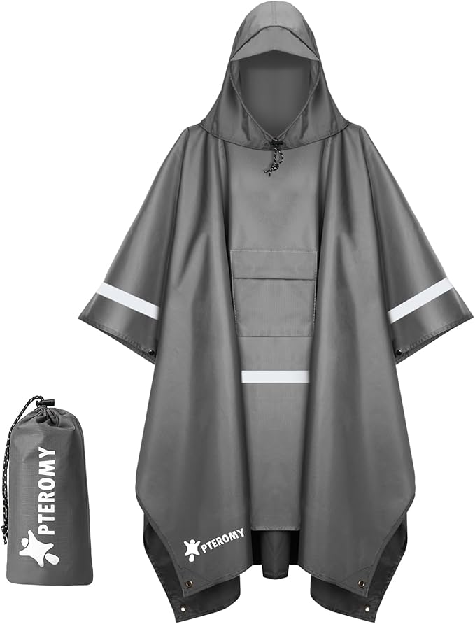 PTEROMY Hooded Rain Poncho for Adult with Pocket, Waterproof Lightweight Unisex Raincoat for Hiking Camping Emergency